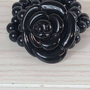 Large Black Floral Beaded Stretch Bracelet